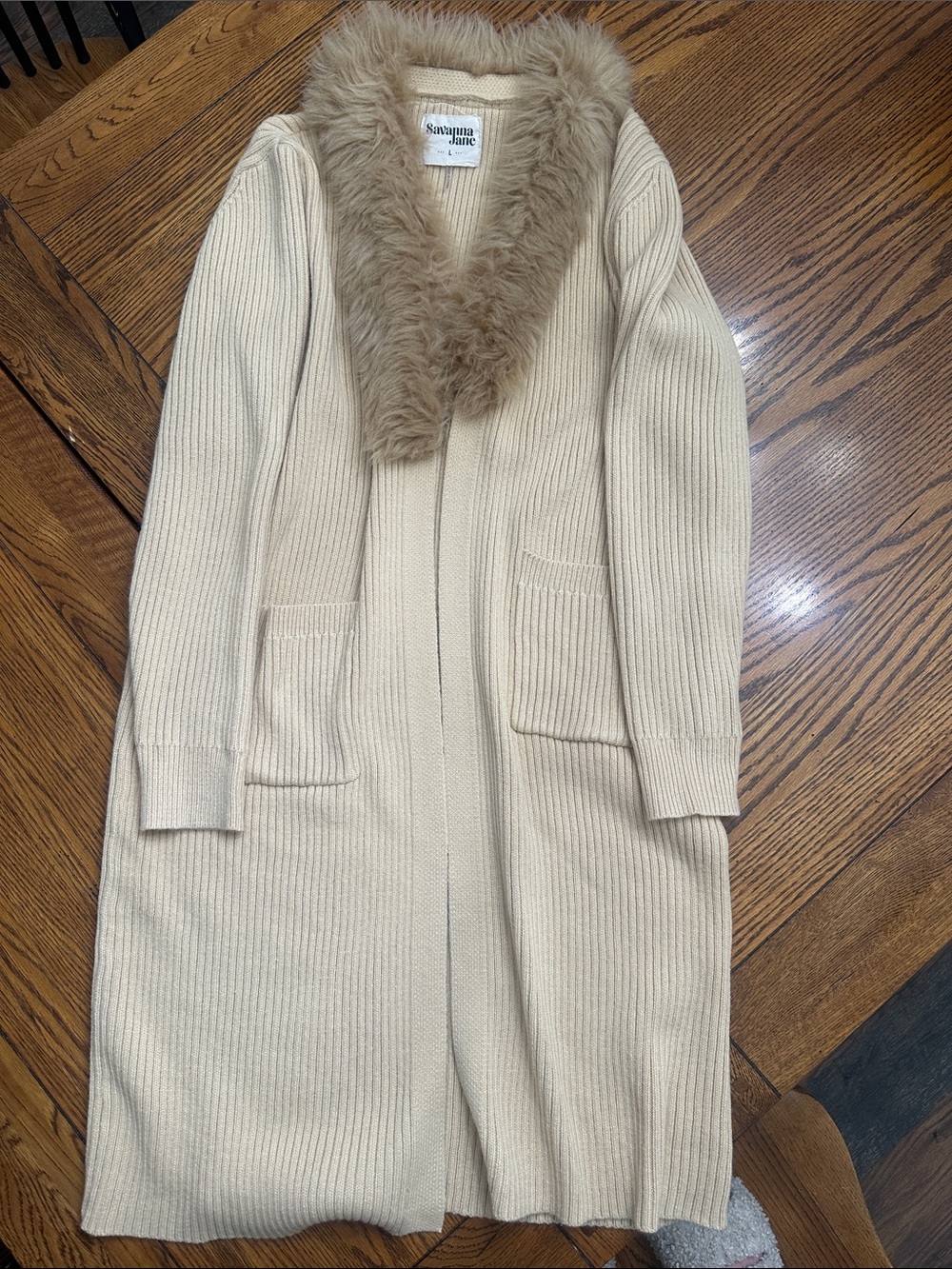 Savanna Jane Faux-Fur Trim Long Cream Cardigan